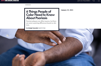 screenshot of web article on healthcentral.com titled ' 6 Things People of Color Need to Know About Psoriasis' along with image of male touching their arm